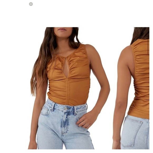 Free People Ruched Bodysuit Sleeveless Tank Top Bronze Brown Size M - Picture 6 of 6